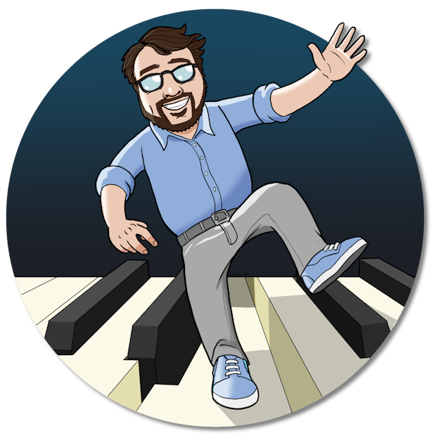 Brown Haired man with spectacles dancing on a piano keyboard